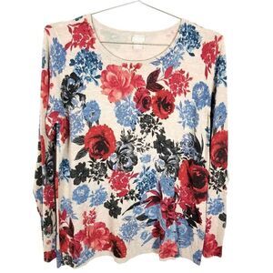 Chico's Women Rose-Print Button-Sleeve Pullover Size L Sweater Novelty